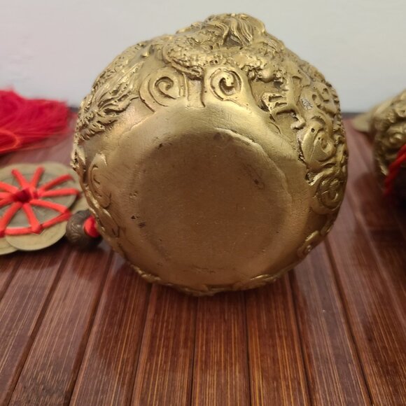 TWO Feng Shui Heavy Brass Hollow Gourds with Coins to Attract Wealth - Picture 9 of 14